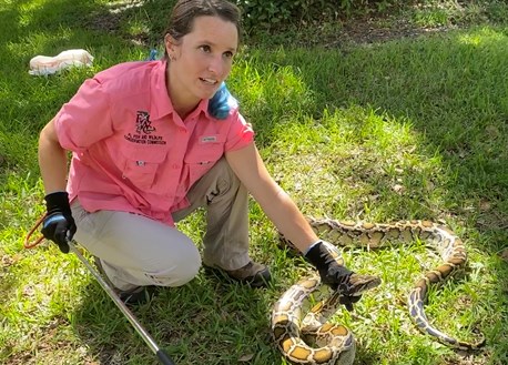 Biologist teach safe handling techniques for pythons