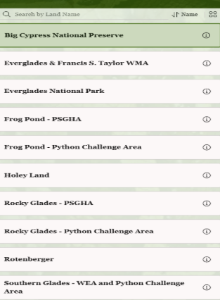 List of competition locations for the Florida Python Challenge